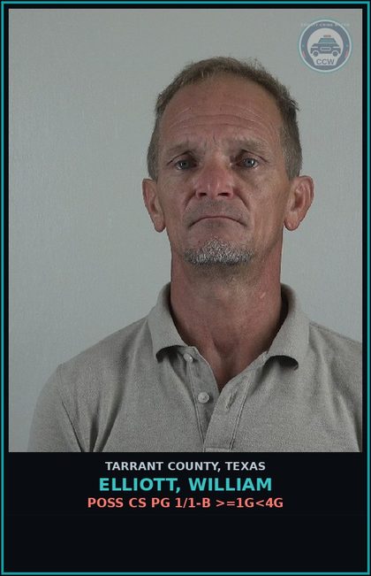 CCW arrest card for Elliott, William in Tarrant County: POSS CS PG 1/1-B >=1G<4G