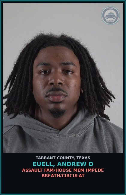 CCW arrest card for Euell, Andrew D in Tarrant County: ASSAULT FAM/HOUSE MEM IMPEDE BREATH/CIRCULAT