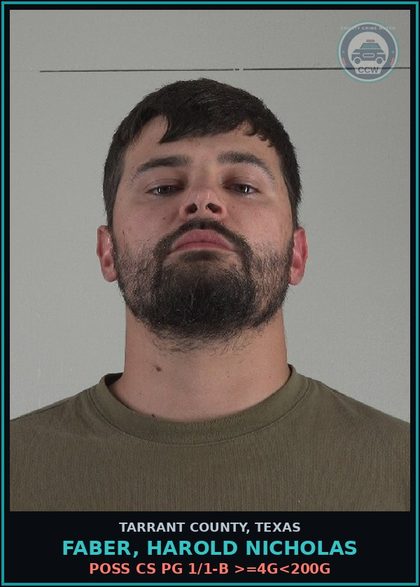 CCW arrest card for Faber, Harold Nicholas in Tarrant County, Texas: MAN DEL CS PG 1 >=4G<200G