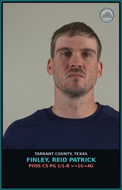 CCW arrest card for Finley, Reid Patrick in Tarrant County: POSS CS PG 1/1-B >=1G<4G