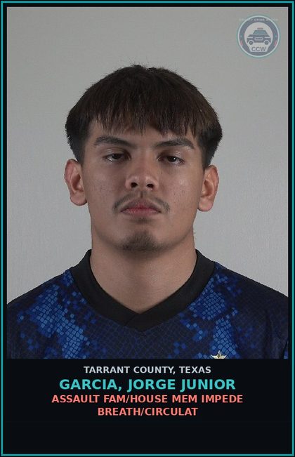 CCW arrest card for Garcia, Jorge Junior in Tarrant County: ASSAULT FAM/HOUSE MEM IMPEDE BREATH/CIRCULAT