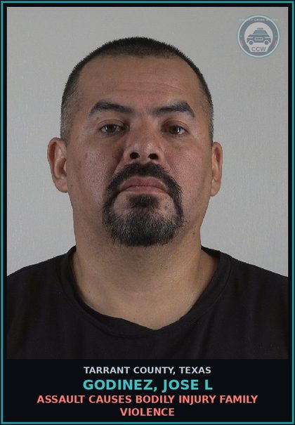 CCW arrest card for Godinez, Jose L in Tarrant County: ASSAULT CAUSES BODILY INJURY FAMILY VIOLENCE