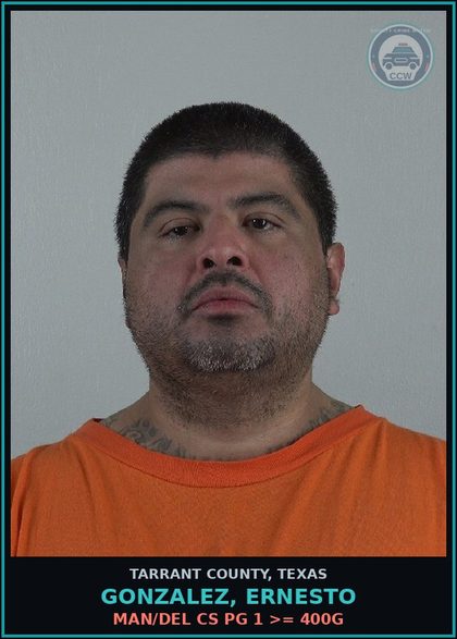 CCW arrest card for Gonzalez, Ernesto in Tarrant County: MAN/DEL CS PG 1 >= 400G