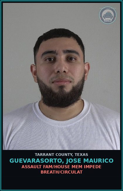 CCW arrest card for Guevarasorto, Jose Maurico in Tarrant County: ASSAULT FAM/HOUSE MEM IMPEDE BREATH/CIRCULAT