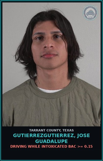 CCW arrest card for Gutierrezgutierrez, Jose Guadalupe in Tarrant County: DRIVING WHILE INTOXICATED BAC >= 0.15