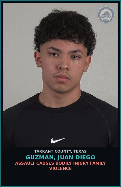 CCW arrest card for Guzman, Juan Diego in Tarrant County: ASSAULT CAUSES BODILY INJURY FAMILY VIOLENCE