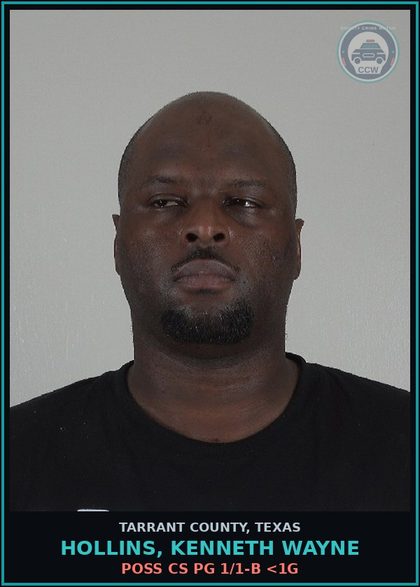 CCW arrest card for Hollins, Kenneth Wayne in Tarrant County: POSS CS PG 1/1-B <1G
