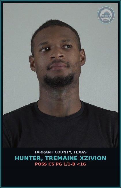 CCW arrest card for Hunter, Tremaine Xzivion in Tarrant County: POSS CS PG 1/1-B <1G