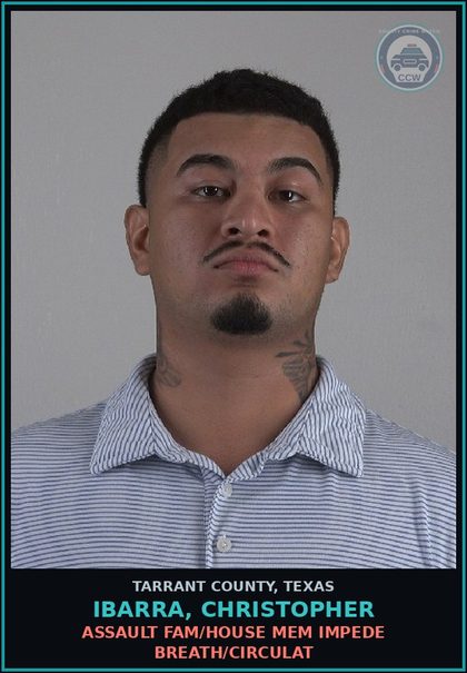 CCW arrest card for Ibarra, Christopher in Tarrant County: ASSAULT FAM/HOUSE MEM IMPEDE BREATH/CIRCULAT