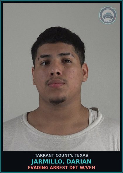 CCW arrest card for Jarmillo, Darian in Tarrant County: EVADING ARREST DET W/VEH