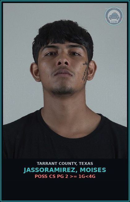 CCW arrest card for Jassoramirez, Moises in Tarrant County: POSS CS PG 2 >= 1G<4G