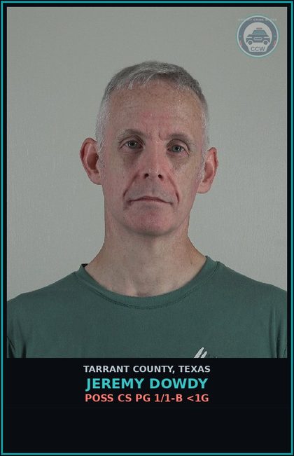 CCW arrest card for Jeremy Dowdy in Tarrant County: POSS CS PG 1/1-B <1G