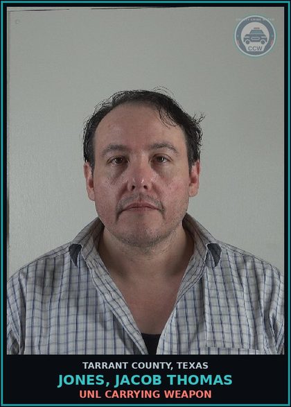 CCW arrest card for Jones, Jacob Thomas in Tarrant County: POSS CS PG 1/1-B >=4G<200G