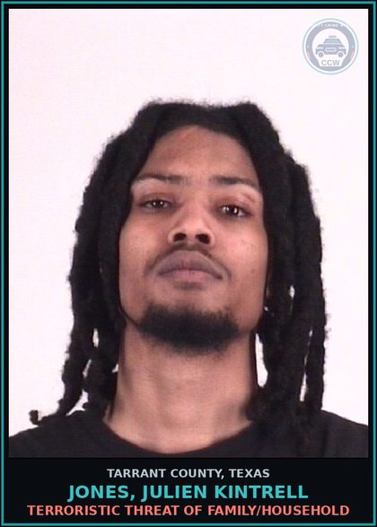 CCW arrest card for Jones, Julien Kintrell in Tarrant County: TERRORISTIC THREAT OF FAMILY/HOUSEHOLD