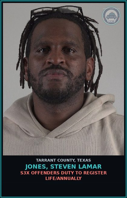CCW arrest card for Jones, Steven Lamar in Tarrant County: s3x OFFENDERS DUTY TO REGISTER LIFE/ANNUALLY