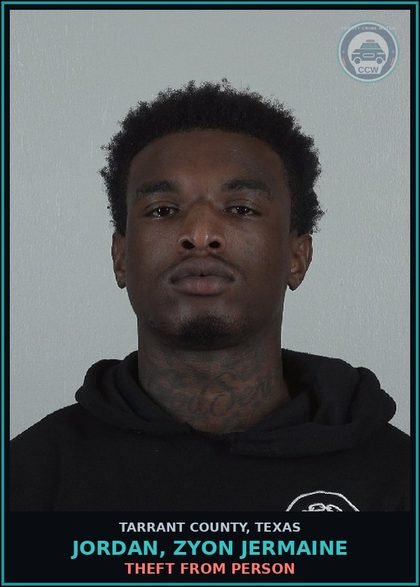 CCW arrest card for Jordan, Zyon Jermaine in Tarrant County: RESIST ARREST SEARCH OR TRANSPORT