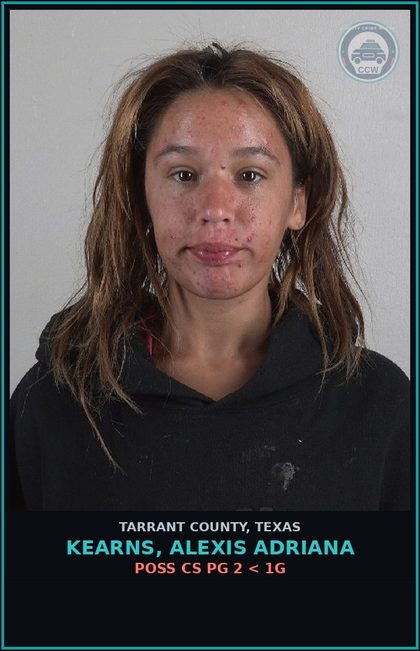 CCW arrest card for Kearns, Alexis Adriana in Tarrant County: POSS CS PG 2 < 1G