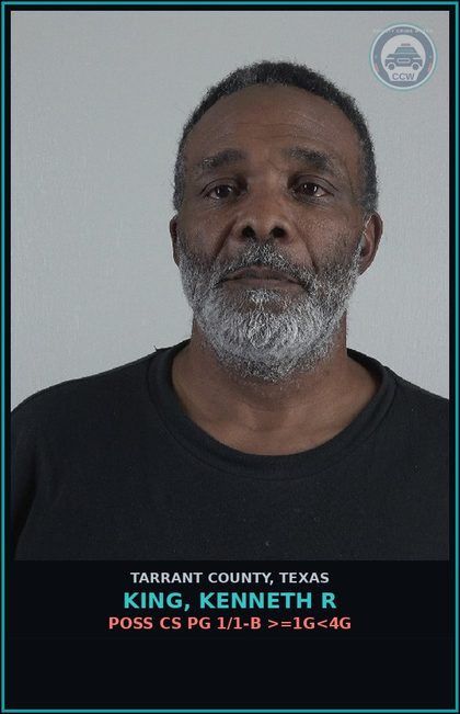 CCW arrest card for King, Kenneth R in Tarrant County: POSS CS PG 1/1-B >=1G<4G