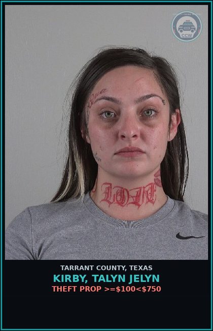 CCW arrest card for Kirby, Talyn Jelyn in Tarrant County: CONSUME/PERMIT A/B ON LIC PREMISES PROH HOURS
