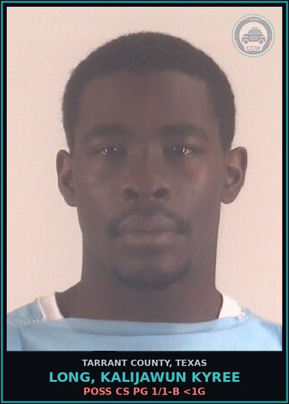 CCW arrest card for Long, Kalijawun Kyree in Tarrant County: POSS CS PG 1/1-B <1G