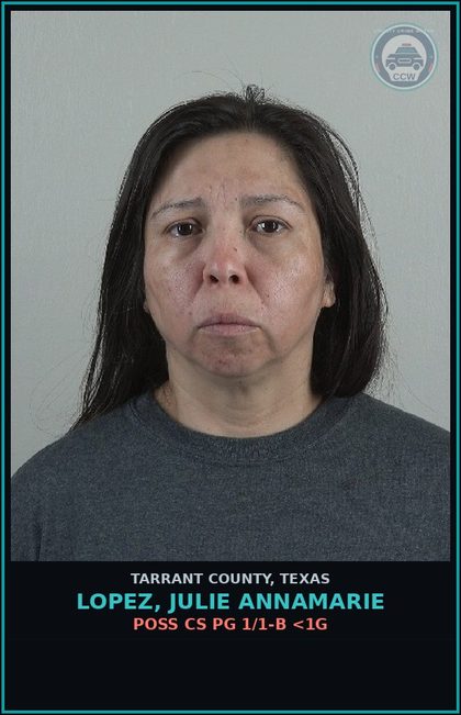 CCW arrest card for Lopez, Julie Annamarie in Tarrant County: POSS CS PG 1/1-B <1G