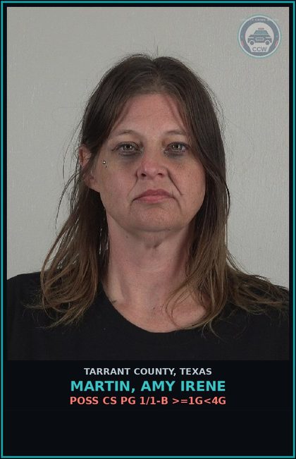 CCW arrest card for Martin, Amy Irene in Tarrant County: POSS CS PG 1/1-B >=1G<4G