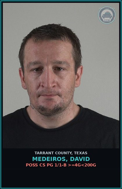 CCW arrest card for Medeiros, David in Tarrant County: POSS CS PG 1/1-B >=4G<200G