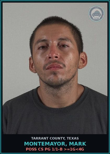 CCW arrest card for Montemayor, Mark in Tarrant County: POSS CS PG 1/1-B >=1G<4G
