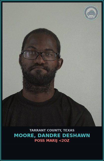 CCW arrest card for Moore, Dandre Deshawn in Tarrant County: DRIVING W/LIC INV W/PREV CONV/SUSP/W/O FIN RES