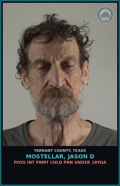 CCW arrest card for Mostellar, Jason D in Tarrant County: POSS INT PRMT chld PORN UNDER 18YOA
