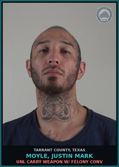 CCW arrest card for Moyle, Justin Mark in Tarrant County: THEFT PROP >=$100<$750