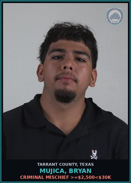 CCW arrest card for Mujica, Bryan in Tarrant County: CRIMINAL MISCHIEF >=$2,500<$30K