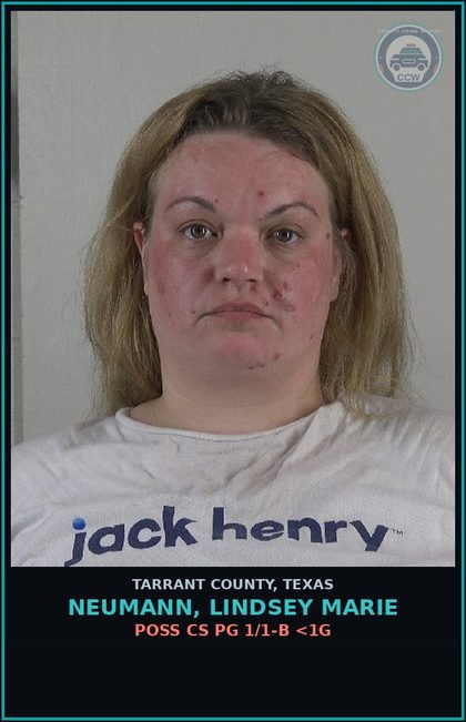 CCW arrest card for Neumann, Lindsey Marie in Tarrant County: POSS CS PG 1/1-B <1G