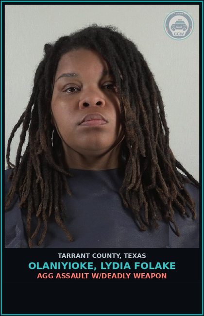 CCW arrest card for Olaniyioke, Lydia Folake in Tarrant County: AGG ASSAULT W/DEADLY WEAPON