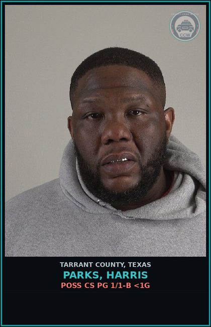 CCW arrest card for Parks, Harris in Tarrant County: POSS CS PG 1/1-B <1G