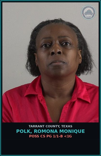 CCW arrest card for Polk, Romona Monique in Tarrant County: POSS CS PG 1/1-B <1G