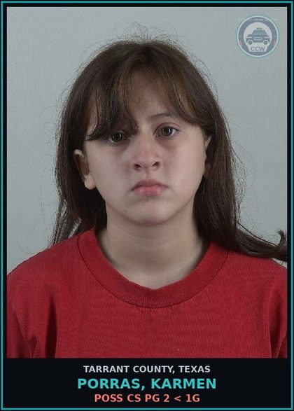 CCW arrest card for Porras, Karmen in Tarrant County: POSS CS PG 2 < 1G