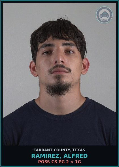 CCW arrest card for Ramirez, Alfred in Tarrant County: POSS CS PG 2 < 1G