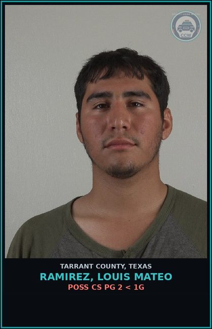 CCW arrest card for Ramirez, Louis Mateo in Tarrant County: POSS CS PG 2 < 1G
