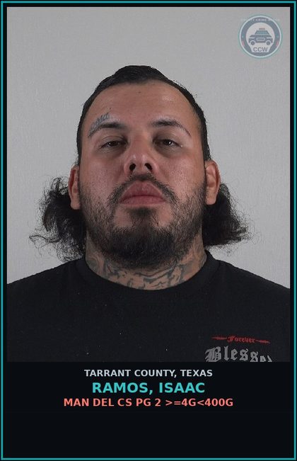 CCW arrest card for Ramos, Isaac in Tarrant County: MAN DEL CS PG 2 >=4G<400G