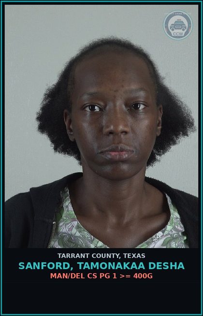 CCW arrest card for Sanford, Tamonakaa Desha in Tarrant County: MAN/DEL CS PG 1 >= 400G
