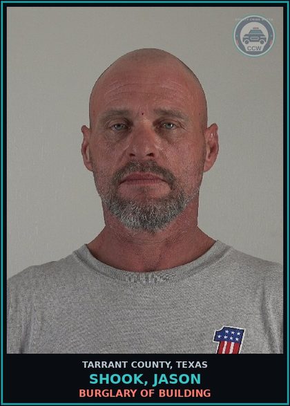 CCW arrest card for Shook, Jason in Tarrant County: "ORGANIZED RETAIL THEFT >=$750<$2,500"