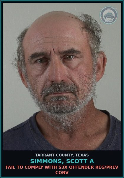 CCW arrest card for Simmons, Scott A in Tarrant County: FAIL TO COMPLY WITH s3x OFFENDER REG/PREV CONV