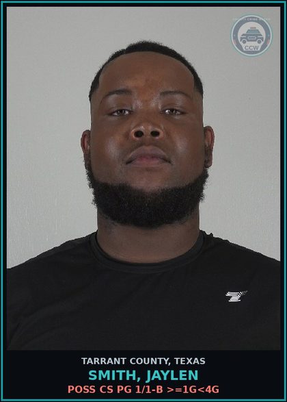 CCW arrest card for Smith, Jaylen in Tarrant County: POSS CS PG 1/1-B >=1G<4G