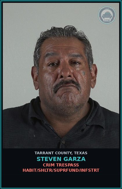 CCW arrest card for Steven Garza in Tarrant County: CRIM TRESPASS HABIT/SHLTR/SUPRFUND/INFSTRT