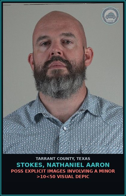 CCW arrest card for Stokes, Nathaniel Aaron in Tarrant County: POSS chld PORNOGRAPHY >10<50 VISUAL DEPIC