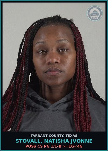 CCW arrest card for Stovall, Natisha Jvonne in Tarrant County: POSS CS PG 1/1-B >=1G<4G