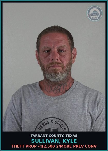 CCW arrest card for Sullivan, Kyle in Tarrant County: THEFT PROP <$2,500 2/MORE PREV CONV