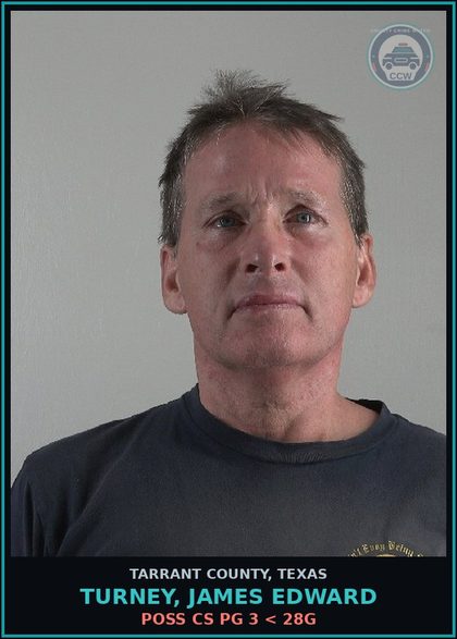 CCW arrest card for Turney, James Edward in Tarrant County: POSS CS PG 3 < 28G