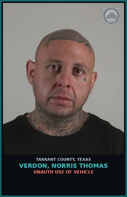CCW arrest card for Verdon, Norris Thomas in Tarrant County: UNAUTH USE OF VEHICLE